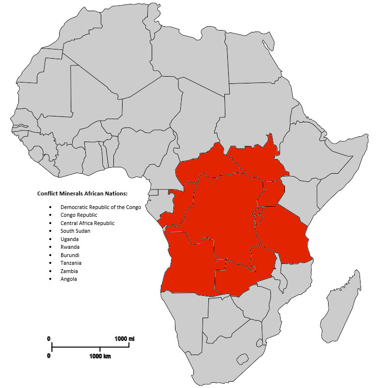 Map of Africa showing the Conflict Minerals nations in Central Africa including the Democratic Republic of the Congo and surrounding nations.