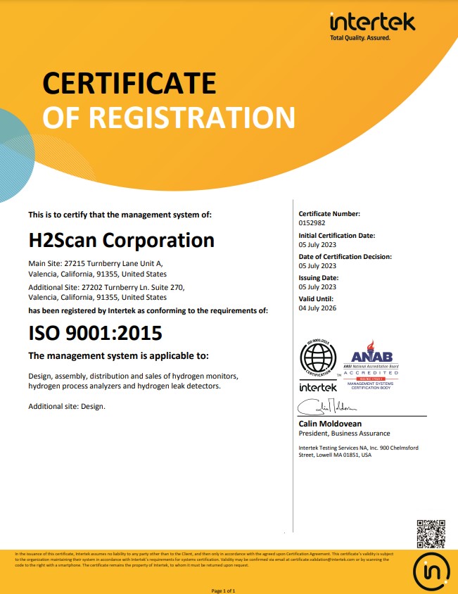 H2scan ISO 9001:2015 Certificate of Registration dated 05 July 2023